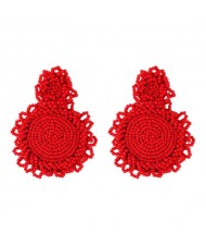 Bohemian Fashion Mini Beads Weaving Round Pendant Design Women Statement Earrings - Red