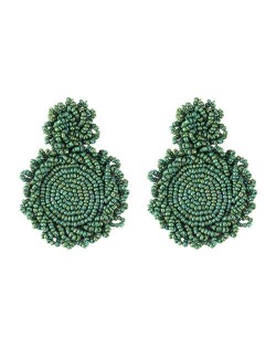 Bohemian Fashion Mini Beads Weaving Round Pendant Design Women Statement Earrings - Green