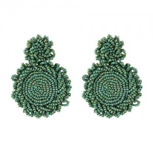 Bohemian Fashion Mini Beads Weaving Round Pendant Design Women Statement Earrings - Green