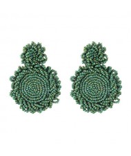 Bohemian Fashion Mini Beads Weaving Round Pendant Design Women Statement Earrings - Green