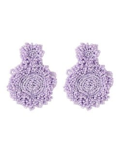 Bohemian Fashion Mini Beads Weaving Round Pendant Design Women Statement Earrings - Violet