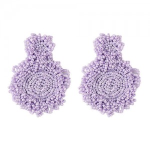 Bohemian Fashion Mini Beads Weaving Round Pendant Design Women Statement Earrings - Violet