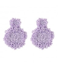 Bohemian Fashion Mini Beads Weaving Round Pendant Design Women Statement Earrings - Violet