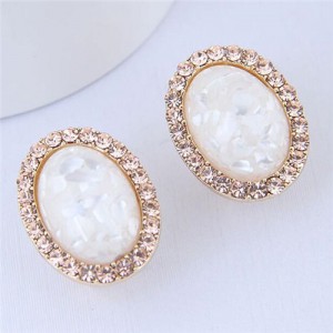 Rhinestone Surround Oval Fashion Gorgeous Design Costume Stud Earrings - White