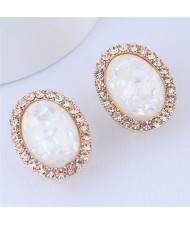 Rhinestone Surround Oval Fashion Gorgeous Design Costume Stud Earrings - White