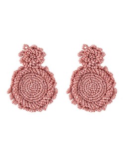 Bohemian Fashion Mini Beads Weaving Round Pendant Design Women Statement Earrings - Pink