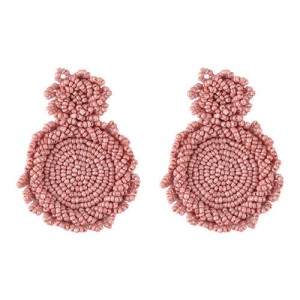 Bohemian Fashion Mini Beads Weaving Round Pendant Design Women Statement Earrings - Pink