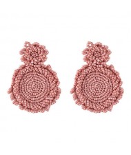 Bohemian Fashion Mini Beads Weaving Round Pendant Design Women Statement Earrings - Pink