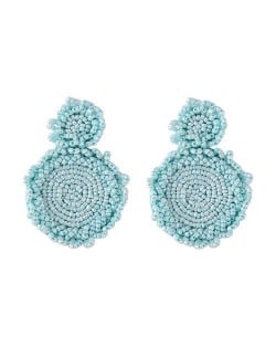 Bohemian Fashion Mini Beads Weaving Round Pendant Design Women Statement Earrings - Blue