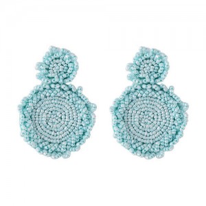 Bohemian Fashion Mini Beads Weaving Round Pendant Design Women Statement Earrings - Blue