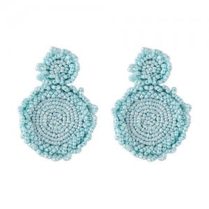 Bohemian Fashion Mini Beads Weaving Round Pendant Design Women Statement Earrings - Blue