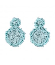 Bohemian Fashion Mini Beads Weaving Round Pendant Design Women Statement Earrings - Blue