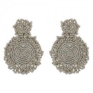 Bohemian Fashion Mini Beads Weaving Round Pendant Design Women Statement Earrings - Gray