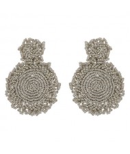 Bohemian Fashion Mini Beads Weaving Round Pendant Design Women Statement Earrings - Gray