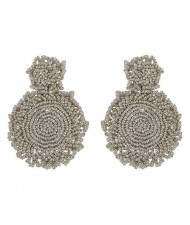 Bohemian Fashion Mini Beads Weaving Round Pendant Design Women Statement Earrings - Gray