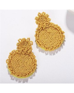 Bohemian Fashion Mini Beads Weaving Round Pendant Design Women Statement Earrings - Yellow