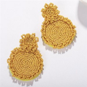 Bohemian Fashion Mini Beads Weaving Round Pendant Design Women Statement Earrings - Yellow