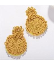 Bohemian Fashion Mini Beads Weaving Round Pendant Design Women Statement Earrings - Yellow