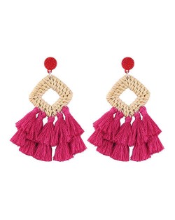 Bamboo Weaving with Cotton Threads Tassel Bohemian Fashion Earrings - Rose