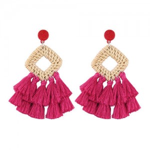 Bamboo Weaving with Cotton Threads Tassel Bohemian Fashion Earrings - Rose