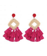 Bamboo Weaving with Cotton Threads Tassel Bohemian Fashion Earrings - Rose