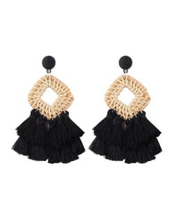 Bamboo Weaving with Cotton Threads Tassel Bohemian Fashion Earrings - Black