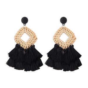 Bamboo Weaving with Cotton Threads Tassel Bohemian Fashion Earrings - Black