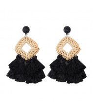 Bamboo Weaving with Cotton Threads Tassel Bohemian Fashion Earrings - Black