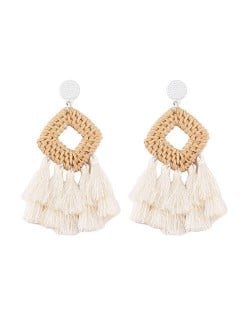 Bamboo Weaving with Cotton Threads Tassel Bohemian Fashion Earrings - White