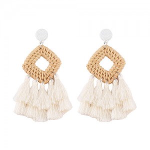 Bamboo Weaving with Cotton Threads Tassel Bohemian Fashion Earrings - White