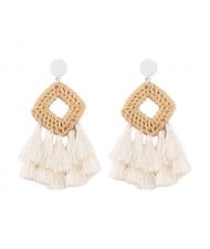 Bamboo Weaving with Cotton Threads Tassel Bohemian Fashion Earrings - White