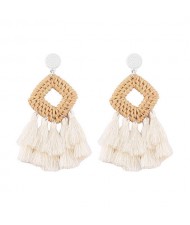 Bamboo Weaving with Cotton Threads Tassel Bohemian Fashion Earrings - White