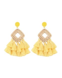 Bamboo Weaving with Cotton Threads Tassel Bohemian Fashion Earrings - Yellow