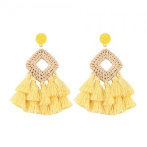 Bamboo Weaving with Cotton Threads Tassel Bohemian Fashion Earrings - Yellow