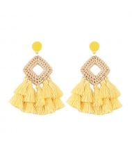 Bamboo Weaving with Cotton Threads Tassel Bohemian Fashion Earrings - Yellow