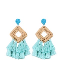 Bamboo Weaving with Cotton Threads Tassel Bohemian Fashion Earrings - Blue