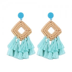 Bamboo Weaving with Cotton Threads Tassel Bohemian Fashion Earrings - Blue