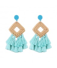 Bamboo Weaving with Cotton Threads Tassel Bohemian Fashion Earrings - Blue