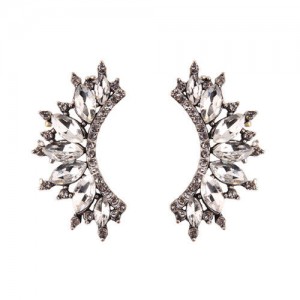 Rhinestone Embellished Curved Moon Shape Women Fashion Earrings - White