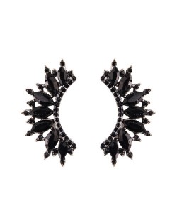 Rhinestone Embellished Curved Moon Shape Women Fashion Earrings - Black