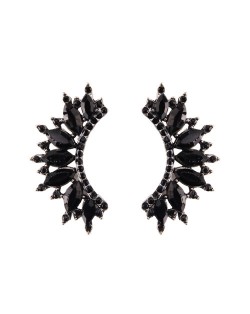 Rhinestone Embellished Curved Moon Shape Women Fashion Earrings - Black