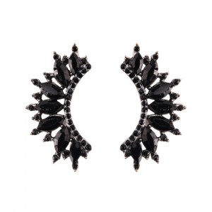 Rhinestone Embellished Curved Moon Shape Women Fashion Earrings - Black