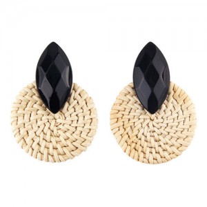 Resin Gem Decorated Weaving Round Shape Vintage Fashion Earrings - Black