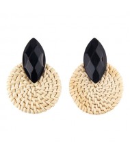 Resin Gem Decorated Weaving Round Shape Vintage Fashion Earrings - Black