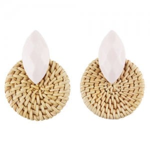 Resin Gem Decorated Weaving Round Shape Vintage Fashion Earrings - White