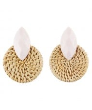 Resin Gem Decorated Weaving Round Shape Vintage Fashion Earrings - White