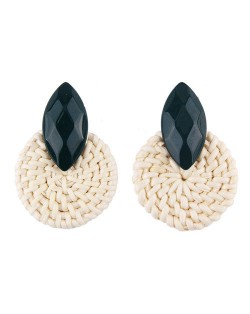 Resin Gem Decorated Weaving Round Shape Vintage Fashion Earrings - Ink Green
