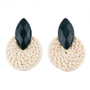 Resin Gem Decorated Weaving Round Shape Vintage Fashion Earrings - Ink Green