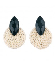 Resin Gem Decorated Weaving Round Shape Vintage Fashion Earrings - Ink Green