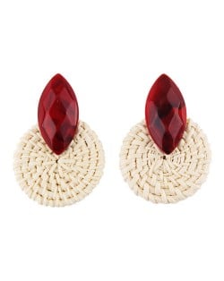 Resin Gem Decorated Weaving Round Shape Vintage Fashion Earrings - Red